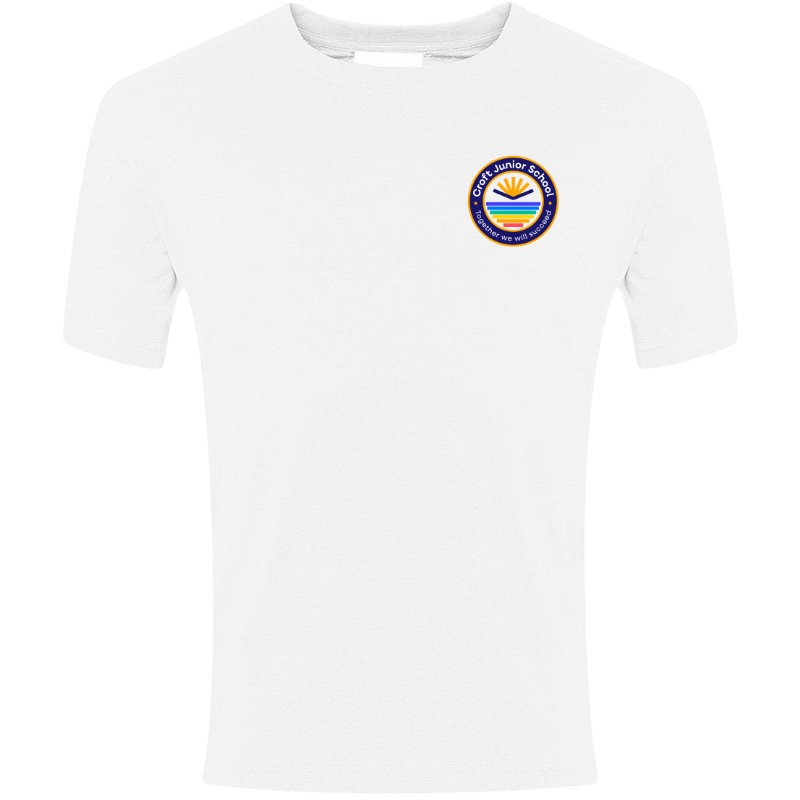 Croft white PE Tee with logo TO CLEAR, Croft Junior School